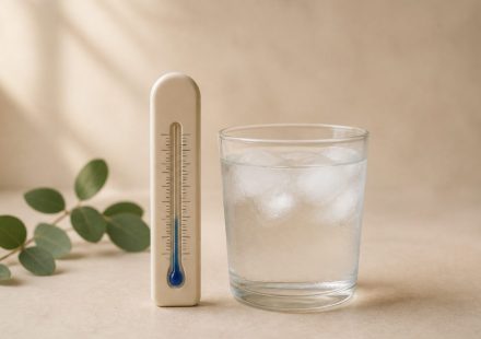A thermometer beside a glass of ice water - illustration for How Temperature Extremes Challenge the Human Body