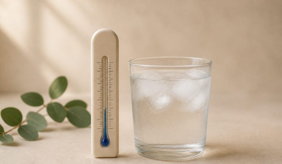 A thermometer beside a glass of ice water - illustration for How Temperature Extremes Challenge the Human Body