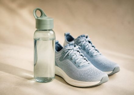 Water bottle beside fresh running shoes on floor - illustration for How your body adjusts to new routines and healthy habits