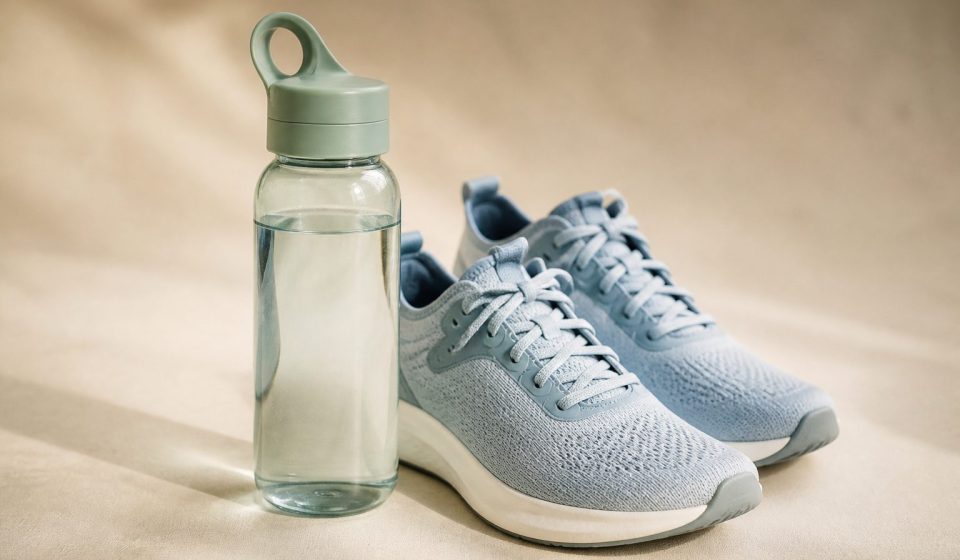 Water bottle beside fresh running shoes on floor - illustration for How your body adjusts to new routines and healthy habits