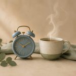 Alarm clock beside a steaming cup of tea - illustration for How your body adapts to changes in sleep schedules and rhythms