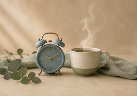 Alarm clock beside a steaming cup of tea - illustration for How your body adapts to changes in sleep schedules and rhythms