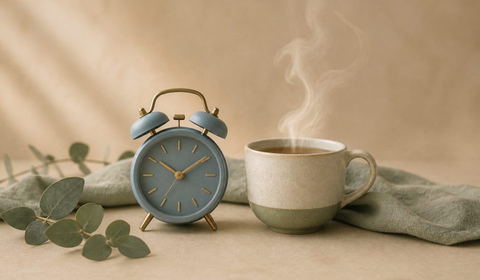Alarm clock beside a steaming cup of tea - illustration for How your body adapts to changes in sleep schedules and rhythms