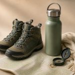 Water bottle thermos hiking boots map compass - illustration for How the Body Responds to Changes in Altitude