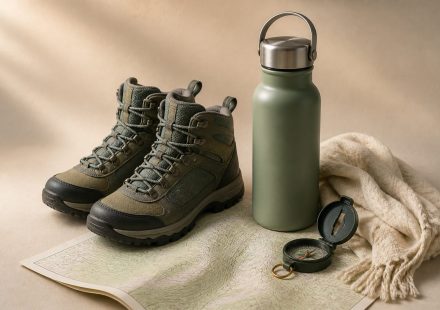 Water bottle thermos hiking boots map compass - illustration for How the Body Responds to Changes in Altitude