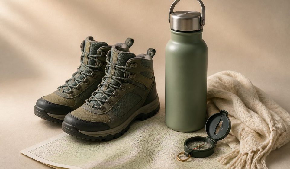 Water bottle thermos hiking boots map compass - illustration for How the Body Responds to Changes in Altitude
