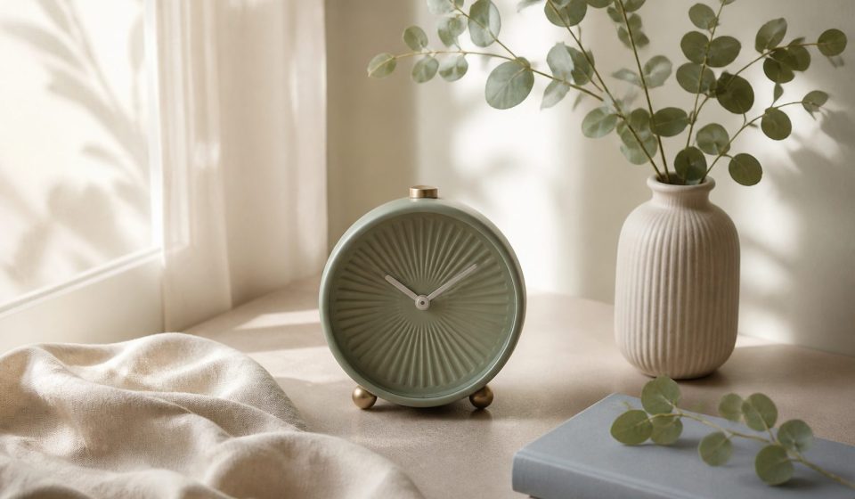 Alarm clock beside window with morning light - illustration for How your body responds to jet lag after crossing time zones