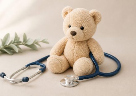 Stethoscope and child-sized teddy bear on table - illustration for How to Choose the Right Pediatrician for Your Child: A Complete Parent’s Guide to Finding the Best Healthcare Partner