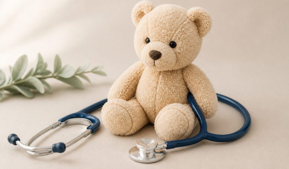 Stethoscope and child-sized teddy bear on table - illustration for How to Choose the Right Pediatrician for Your Child: A Complete Parent’s Guide to Finding the Best Healthcare Partner