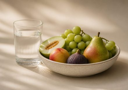 Fresh fruits and a glass of water - illustration for How to maintain good health all year long