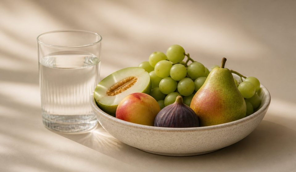 Fresh fruits and a glass of water - illustration for How to maintain good health all year long
