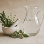 Herbs mortar and pestle beside glass pitcher - illustration for How to Maintain Hormonal Health Naturally