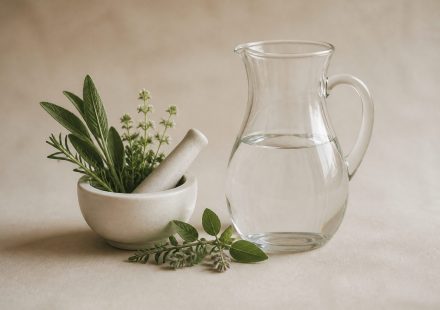 Herbs mortar and pestle beside glass pitcher - illustration for How to Maintain Hormonal Health Naturally