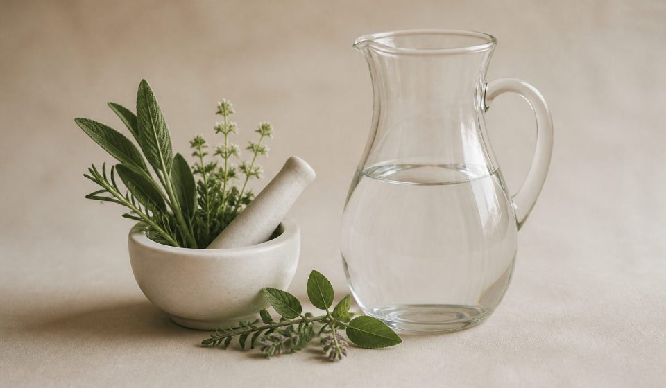 Herbs mortar and pestle beside glass pitcher - illustration for How to Maintain Hormonal Health Naturally