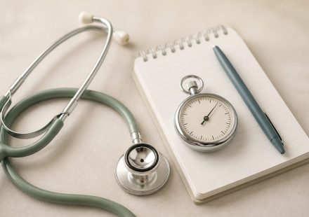 Stopwatch beside a stethoscope and notepad - illustration for How to Make the Most of a Short Clinic Appointment