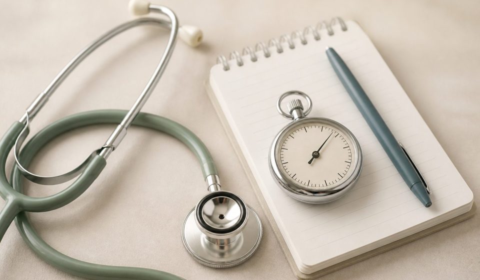 Stopwatch beside a stethoscope and notepad - illustration for How to Make the Most of a Short Clinic Appointment