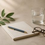 Notepad pen eyeglasses water glass on table - illustration for How to Prepare for a Doctor’s Appointment