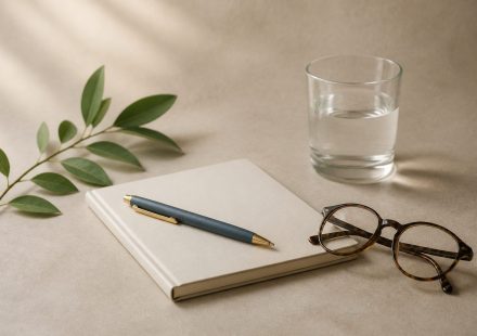 Notepad pen eyeglasses water glass on table - illustration for How to Prepare for a Doctor’s Appointment