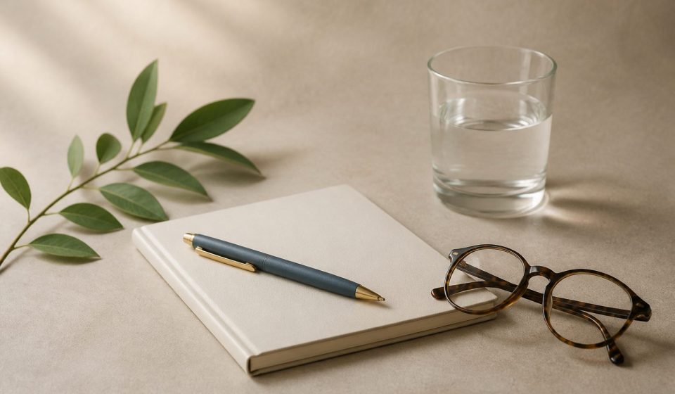 Notepad pen eyeglasses water glass on table - illustration for How to Prepare for a Doctor’s Appointment