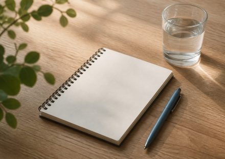 Notepad pen water glass on wooden table - illustration for How to Prepare for Your Medical Appointment