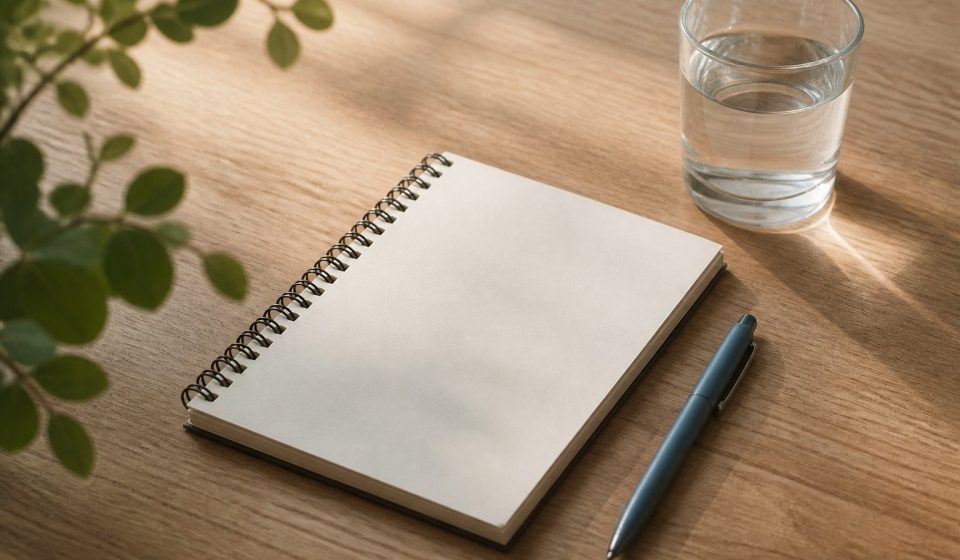 Notepad pen water glass on wooden table - illustration for How to Prepare for Your Medical Appointment