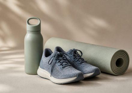 Running shoes water bottle and yoga mat - illustration for How to Stay Active Without Going to the Gym