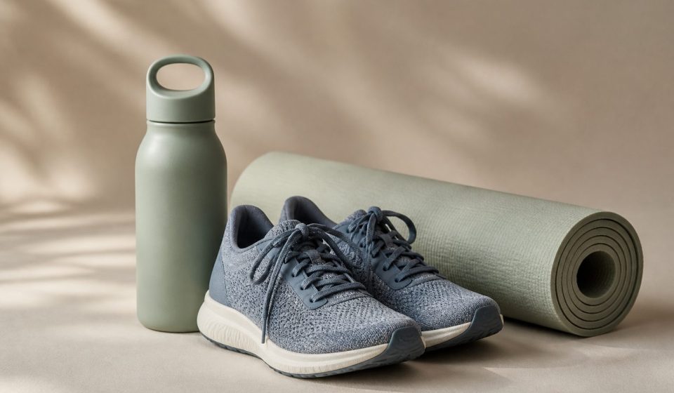 Running shoes water bottle and yoga mat - illustration for How to Stay Active Without Going to the Gym