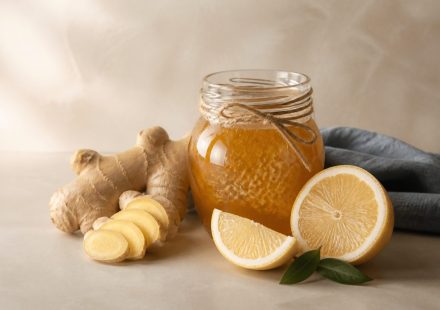 Honey jar lemon slices fresh ginger root - illustration for How to Strengthen Your Immune System Naturally: Doctor-Recommended Ways to Stay Healthy and Fight Infections