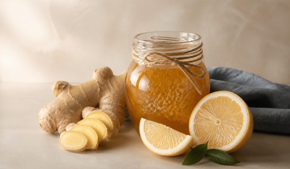 Honey jar lemon slices fresh ginger root - illustration for How to Strengthen Your Immune System Naturally: Doctor-Recommended Ways to Stay Healthy and Fight Infections