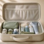 Suitcase packed with vitamins and travel-size toiletries - illustration for How Travel Can Temporarily Change Your Normal Health Routine