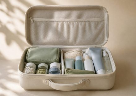 Suitcase packed with vitamins and travel-size toiletries - illustration for How Travel Can Temporarily Change Your Normal Health Routine
