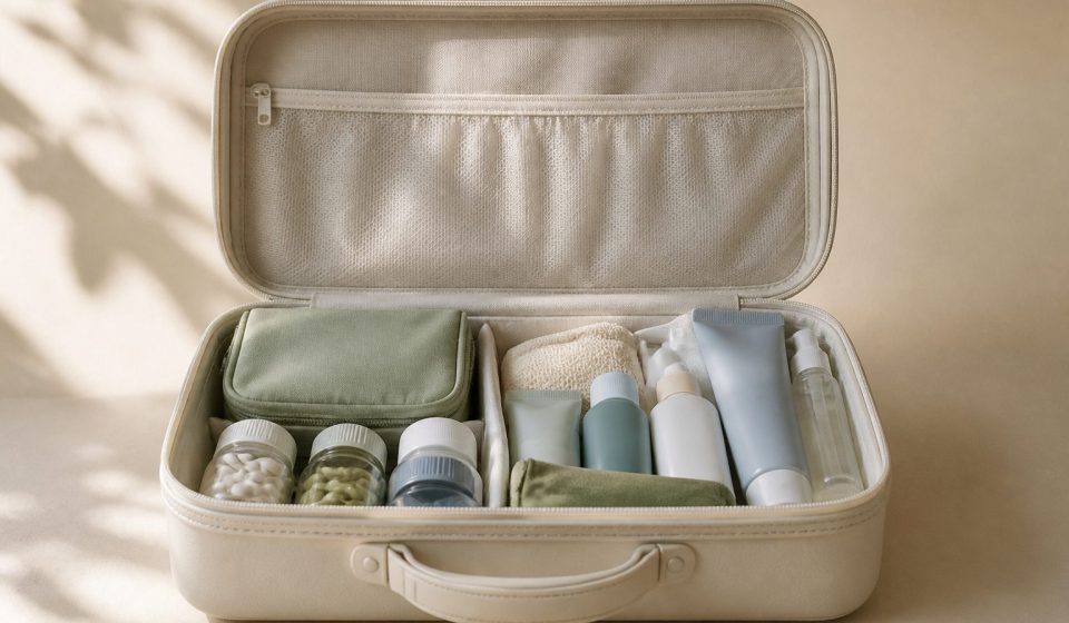 Suitcase packed with vitamins and travel-size toiletries - illustration for How Travel Can Temporarily Change Your Normal Health Routine