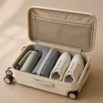 Suitcase open with water bottle and sneakers - illustration for How travel affects your eating, sleeping, and activity habits