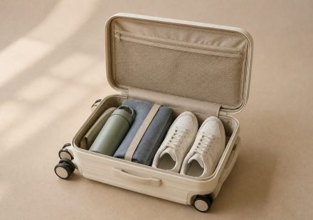 Suitcase open with water bottle and sneakers - illustration for How travel affects your eating, sleeping, and activity habits
