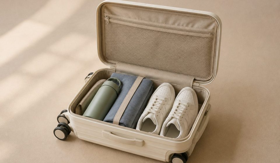 Suitcase open with water bottle and sneakers - illustration for How travel affects your eating, sleeping, and activity habits