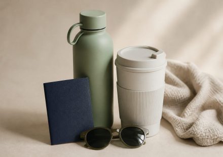 Passport sunglasses water bottle and travel mug - illustration for How travel and time changes impact wellness and tips to stay healthy