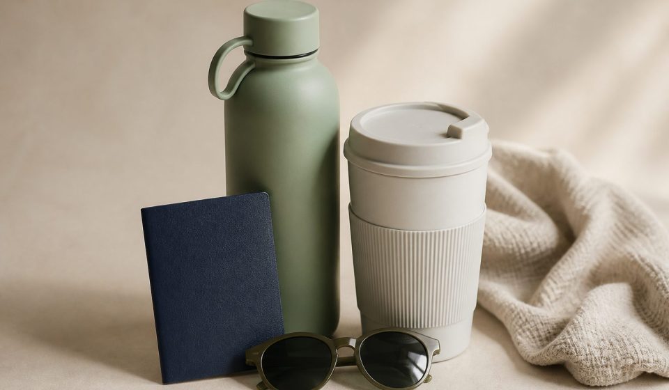 Passport sunglasses water bottle and travel mug - illustration for How travel and time changes impact wellness and tips to stay healthy