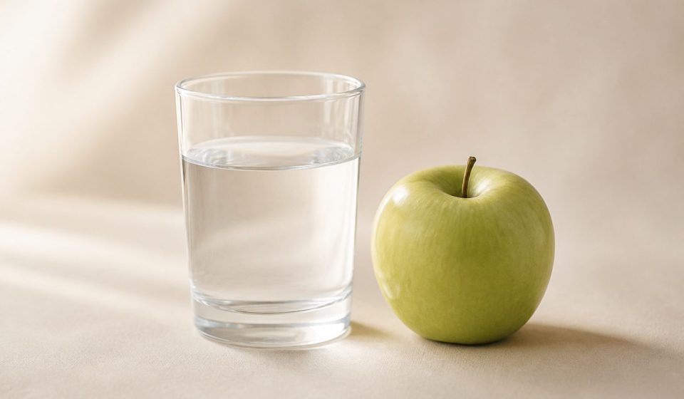 Glass of water next to fresh green apple - illustration for Kidney Health: When to Check Creatinine and Other Tests