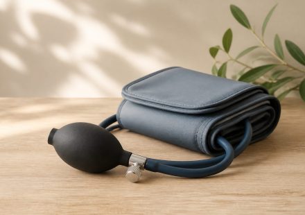 Blood pressure cuff resting on wooden table - illustration for Why knowing your health numbers matters for better care