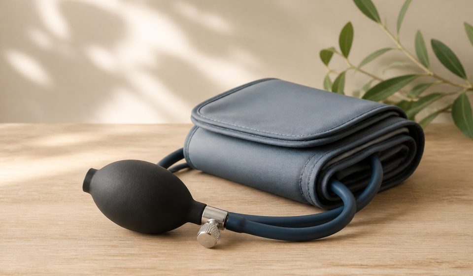 Blood pressure cuff resting on wooden table - illustration for Why knowing your health numbers matters for better care