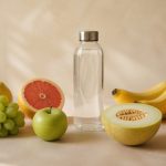 Fresh fruits and water bottle on table - illustration for how daily habits can prevent chronic diseases without drugs
