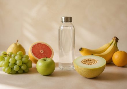 Fresh fruits and water bottle on table - illustration for how daily habits can prevent chronic diseases without drugs