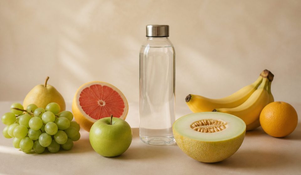Fresh fruits and water bottle on table - illustration for how daily habits can prevent chronic diseases without drugs