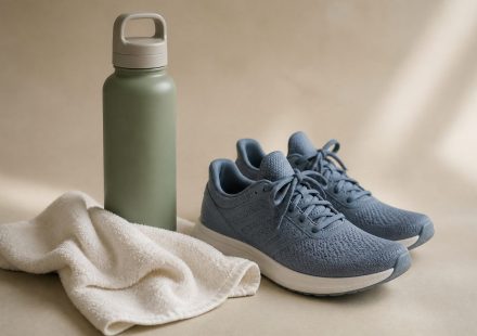 Water bottle towel and running shoes on floor - illustration for Why listening to your body during exercise boosts your health