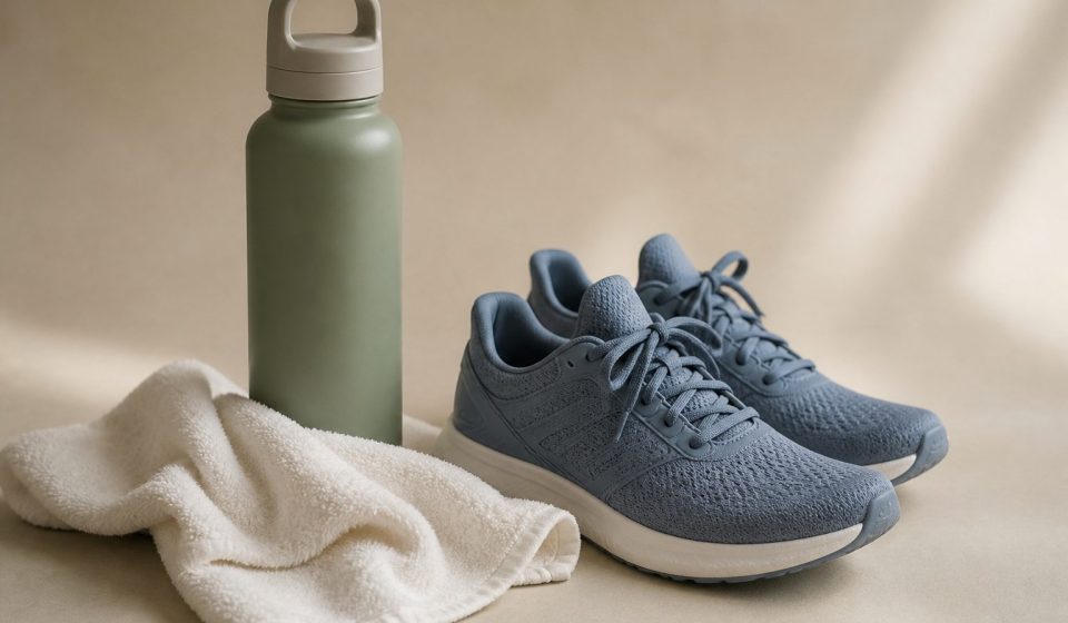 Water bottle towel and running shoes on floor - illustration for Why listening to your body during exercise boosts your health