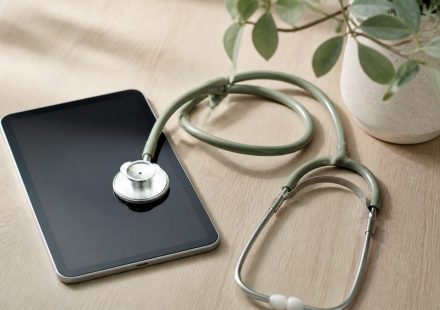 Stethoscope and digital tablet on wooden table - illustration for How modern medical technology is improving patient care and outcomes