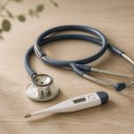 Stethoscope and thermometer on wooden table - illustration for Signs It’s Time to Visit a Medical Clinic