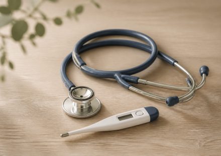 Stethoscope and thermometer on wooden table - illustration for Signs It’s Time to Visit a Medical Clinic