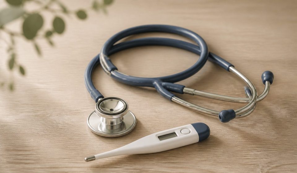 Stethoscope and thermometer on wooden table - illustration for Signs It’s Time to Visit a Medical Clinic