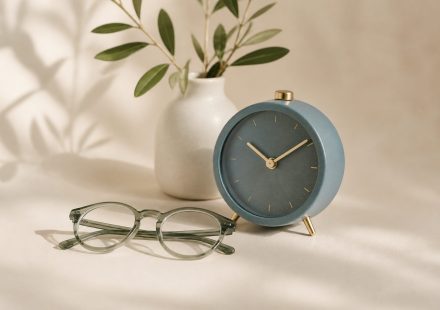 Nightstand with alarm clock and eyeglasses - illustration for how better sleep boosts your overall health and wellness
